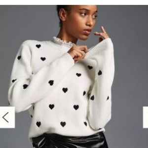 Anthropologie Embroidered Heart Knit Sweater with ruffle neck - size M